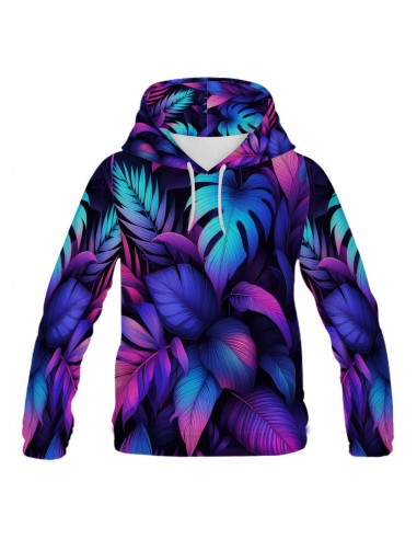 Sweat à capuche unisexe Feuilles néon bleu violet soldes