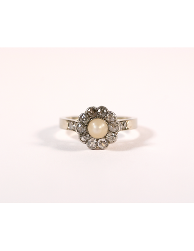 Bague marguerite or, platine, diamant et perle outlet